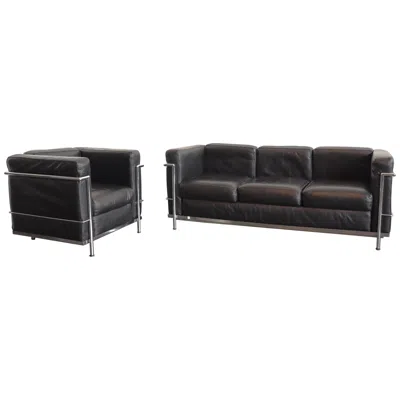 Pre-owned Cassina Le Corbusier Lc2 Armchair + 3-seat Sofa Set In Black Leather & Chrome, Alivar