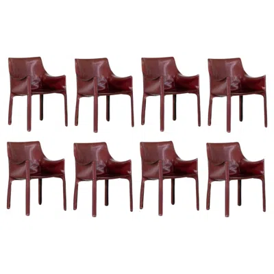 Pre-owned Cassina Mario Bellini "cab 413” Chairs For , Bordeaux Leather, 1977, Set Of 8 In Brown