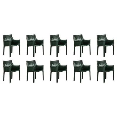 Pre-owned Cassina Mario Bellini "cab 413” Chairs For , Dark Green Leather, 1977, Set Of 10