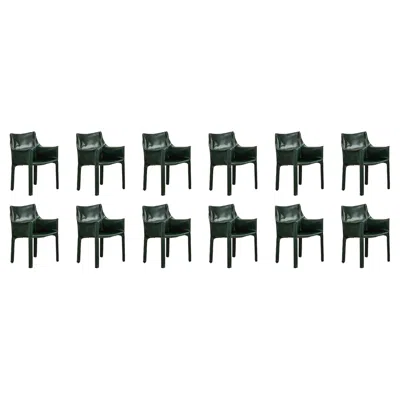 Pre-owned Cassina Mario Bellini "cab 413” Chairs For , Dark Green Leather, 1977, Set Of 12