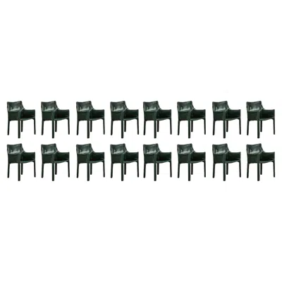 Pre-owned Cassina Mario Bellini "cab 413” Chairs For , Dark Green Leather, 1977, Set Of 16