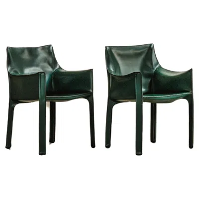 Pre-owned Cassina Mario Bellini "cab 413” Chairs For , Dark Green Leather, 1977, Set Of 2