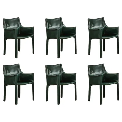 Pre-owned Cassina Mario Bellini "cab 413” Chairs For , Dark Green Leather, 1977, Set Of 6