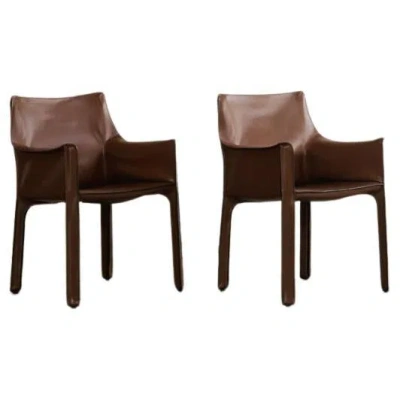 Pre-owned Cassina Mario Bellini "cab 413” Chairs For , Hazelnut Leather, 1977, Set Of 2 In Black
