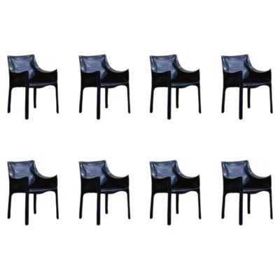 Pre-owned Cassina Mario Bellini “cab 413” Dining Chairs For , Blue Leather, 1977, Set Of 8