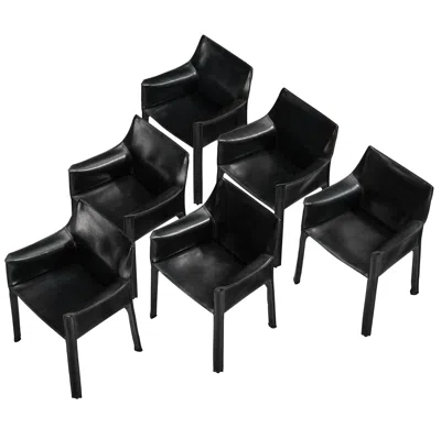 Pre-owned Cassina Mario Bellini Set Of Six 'cab 413' Dining Chairs In Black Leather