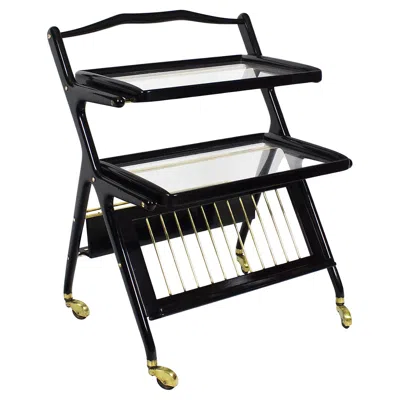 Pre-owned Cassina Mid-century Modern Bar Cart By Cesare Lacca, Solid And Stained Mahogany- Italy. In Brown
