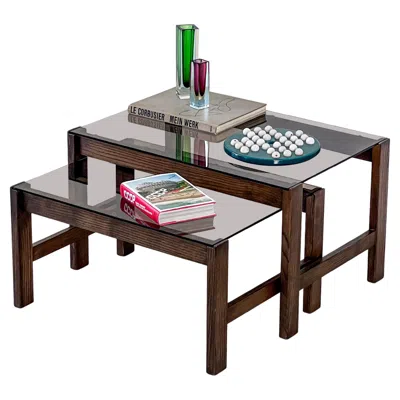 Pre-owned Cassina Mid-century Modern Nesting Coffee Tables, Wood And Glass, Living Room Decorative In Brown