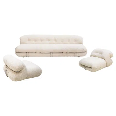 Pre-owned Cassina Midcentury White Wool Soriana Sofa And 2 Armchairs By Tobia Scarpa For