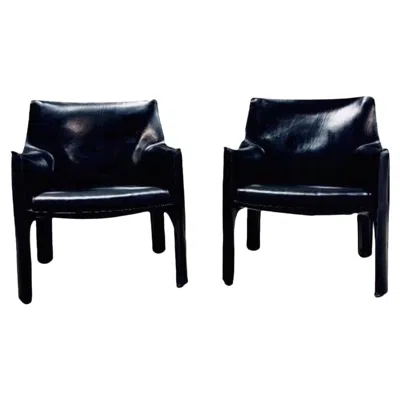 Pre-owned Cassina Pair Mario Bellini Black Leather Cab Chairs, Model 414 For  Italy, 1980