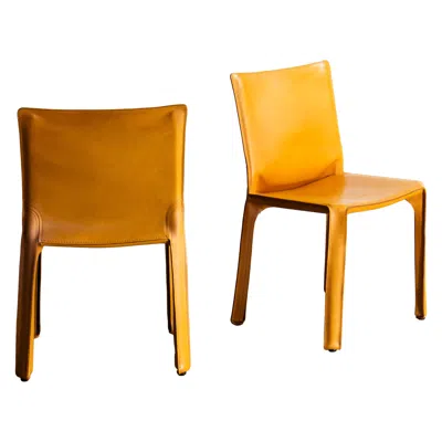 Pre-owned Cassina Pair Mario Bellini Cab 412 Chairs In Cognac Saddle Leather For , Italy In Orange