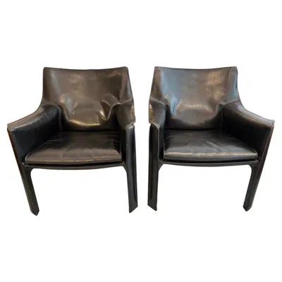 Pre-owned Cassina Pair Of Black Leather Cab 414 Lounge Chairs By Mario Bellini,