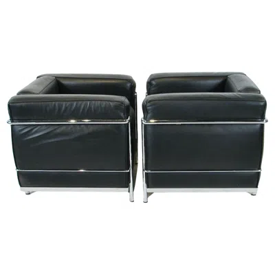Pre-owned Cassina Pair Of  Licensed Le Corbusier Lc2 Black Leather In Chrome Lounge Chairs