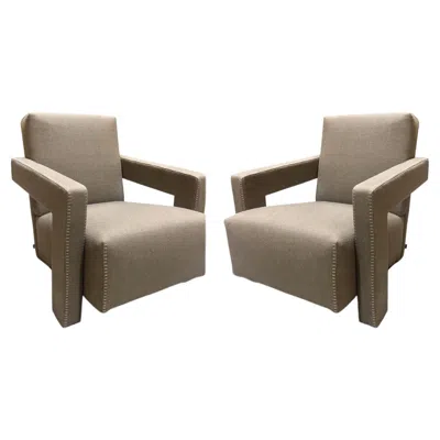 Pre-owned Cassina Pair Of Gerrit Thomas Rietveld Utrecht Armchair In Linen By  In Gray