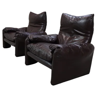 Pre-owned Cassina Pair Of Maralunga Leather Armchairs By Vico Magistretti For , 1974. In Black