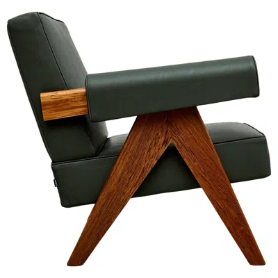 Pre-owned Cassina Pierre Jeanneret 053 Capitol Complex Teak Wood Green Leather Armchair By