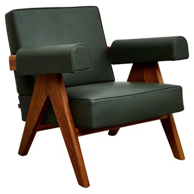Pre-owned Cassina Pierre Jeanneret 053 Capitol Complex Teak Wood Green Leather Armchair By
