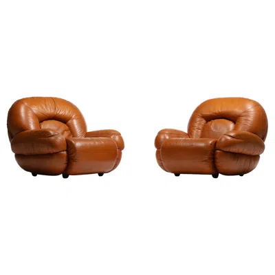 Pre-owned Cassina Post Modern Italian Leather Lounge Chairs In Butterscotch Carmel Leather C. 1980 In Brown