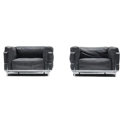 Pre-owned Cassina Set (2) Lc 3 In Grey Leather By Le Corbusier, Jeanneret & Perriand For  In Gray