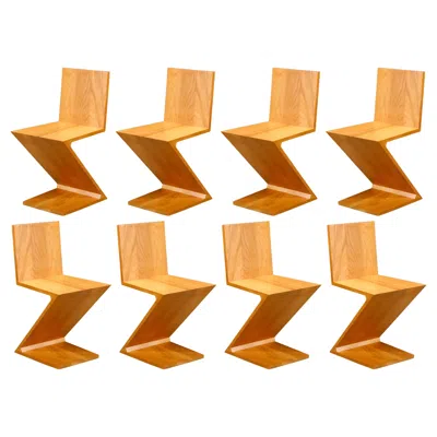 Pre-owned Cassina Set Of Eight Early 'zig Zag' Chairs By Gerrit Rietveld For , 1973, Signed In Brown