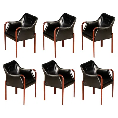 Pre-owned Cassina Set Of Six Black Leather Dining Armchairs W  Label, C 1980s, Refinished
