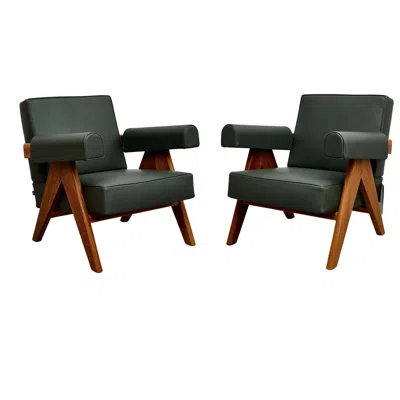 Pre-owned Cassina Set Of Two Pierre Jeanneret Teak Wood Green Leather Armchair By