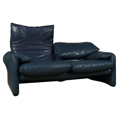 Pre-owned Cassina Two  Maralunga Two-seat Sofas In Blue Leather By Vico Magistretti, Italy