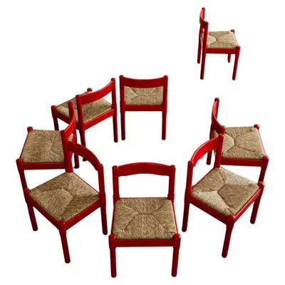 Pre-owned Cassina Vico Magistretti "carimate" Chairs For , Red Lacquered, 1960, Set Of 8