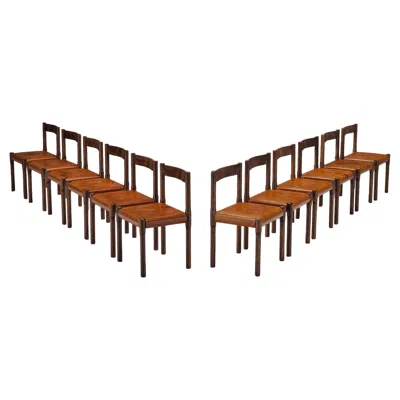 Pre-owned Cassina Vico Magistretti For  Carimate Dining Chairs In Leather & Dark Wood In Brown