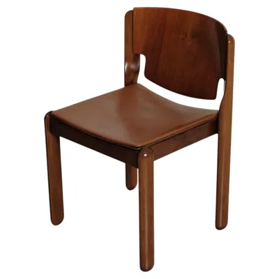 Pre-owned Cassina Vico Magistretti Model 122 Chair For  In Walnut And Brick Leather, 1968 In Brown