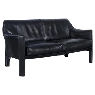 Pre-owned Cassina Vintage Black Leather Cab 415 Settee By Mario Bellini For