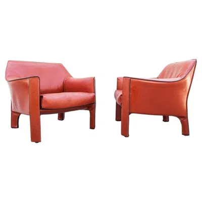 Pre-owned Cassina Vintage  Model 415 Cab Lounge Chairs In Terracotta Leather By Mario Belli In Pink