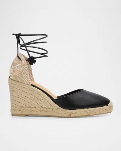 Castaã±er 80mm Carina Leather Espadrille Wedge Sandals In Black