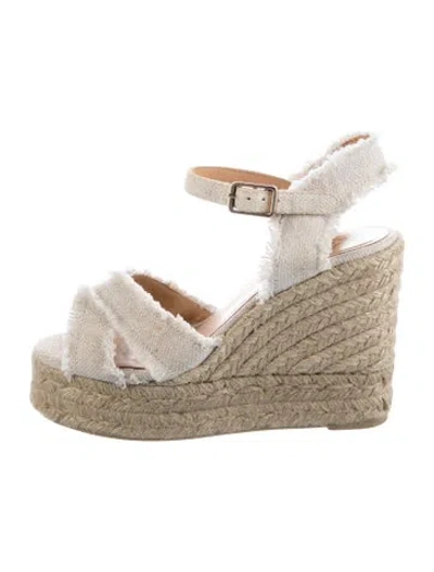 Pre-owned Castaã±er Canvas Fringe Trim Accent Espadrilles In Gold/neutrals