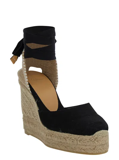 Castaã±er Carina Beige And Black Espadrille Wedge In Cotton And Rafia Woman