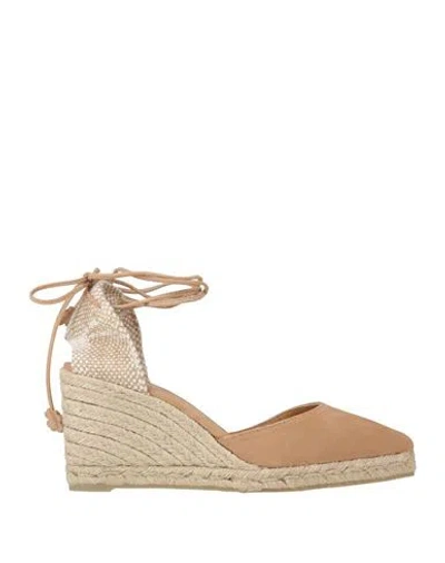 CASTAÑER CASTAÑER WOMAN ESPADRILLES SAND SIZE 7.5 LEATHER, TEXTILE FIBERS