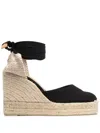 Castañer Carina Beige And Black Espadrille Wedge In Cotton And Rafia Woman In Black