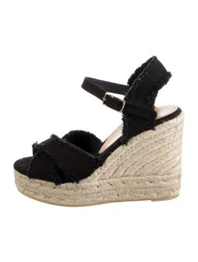 Pre-owned Castaã±er Fringe Trim Accent Espadrilles In Black