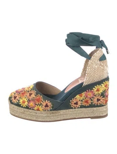 Pre-owned Castaã±er Jute Floral Print D'orsay Pumps In Green