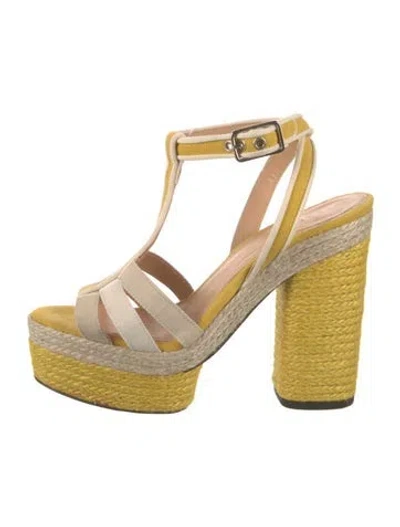 Pre-owned Castaã±er Raffia Colorblock Pattern T-strap Sandals In Yellow