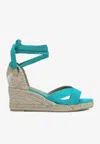 Castaã±er Aquamarine Wedge Heel Cross Strap Espadrilles In Blue