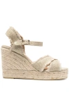 Castaã±er Beige Wedge Sandals With Criss-crossed Straps In Canvas And Straw In Neutrals