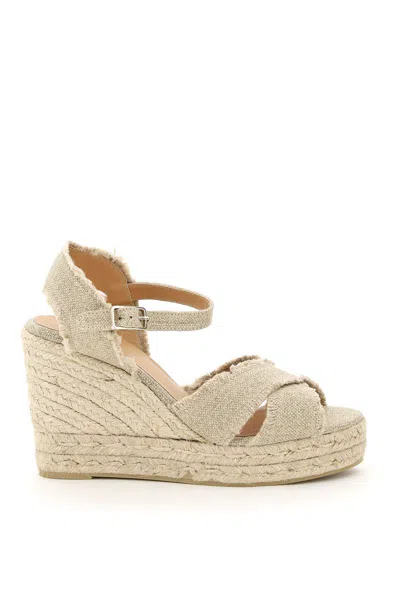 Castaã±er Beige Wedge Sandals With Criss-crossed Straps In Canvas And Straw Woman Castaner In Mixed Colours