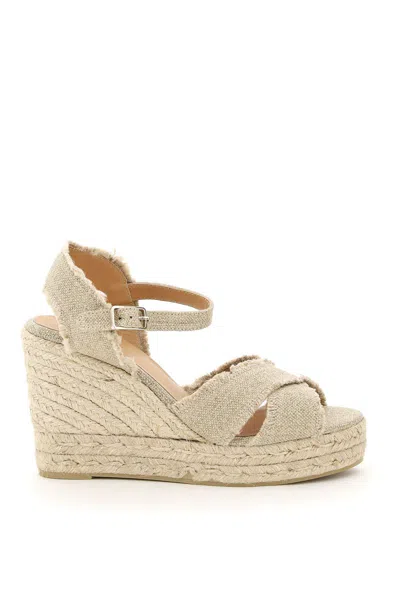 Castaã±er Beige Wedge Sandals With Criss-crossed Straps In Canvas And Straw Woman Castaner