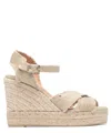 Castaã±er Beige Wedge Sandals With Criss-crossed Straps In Canvas And Straw Woman Castaner In Beige