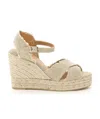 Castaã±er Beige Wedge Sandals With Criss-crossed Straps In Canvas And Straw Woman Castaner In Nude