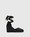 Castaã±er Tonal Wedge-heeled Espadrille With Ankle Ties In Black