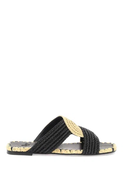 Castaã±er Prado Bicolor Raffia Slide Sandals In Beige,black