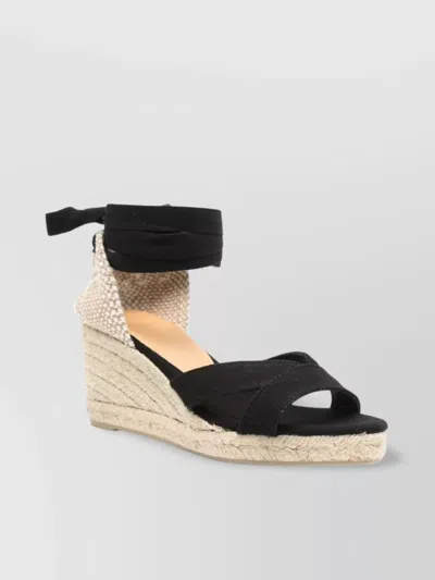Castaã±er Raffia Wedge Espadrilles Crossover Straps In Black