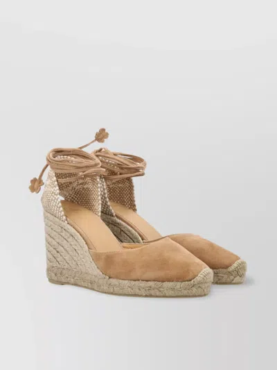 Castaã±er Suede Lace-up Wedge Shoes With Floral Accents In Neutrals